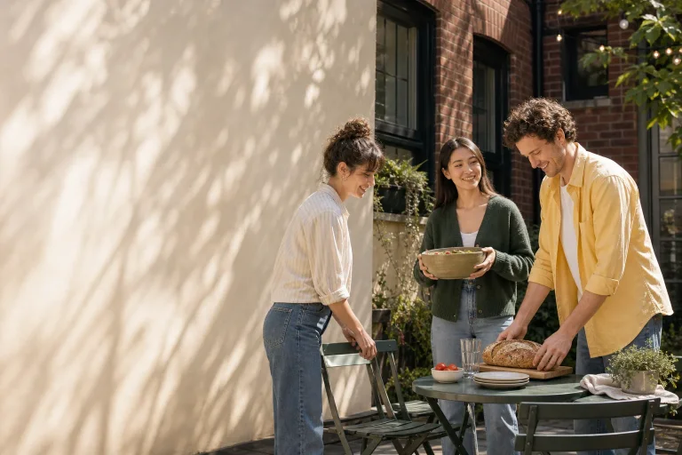Three neighbors prepare a small courtyard table together
