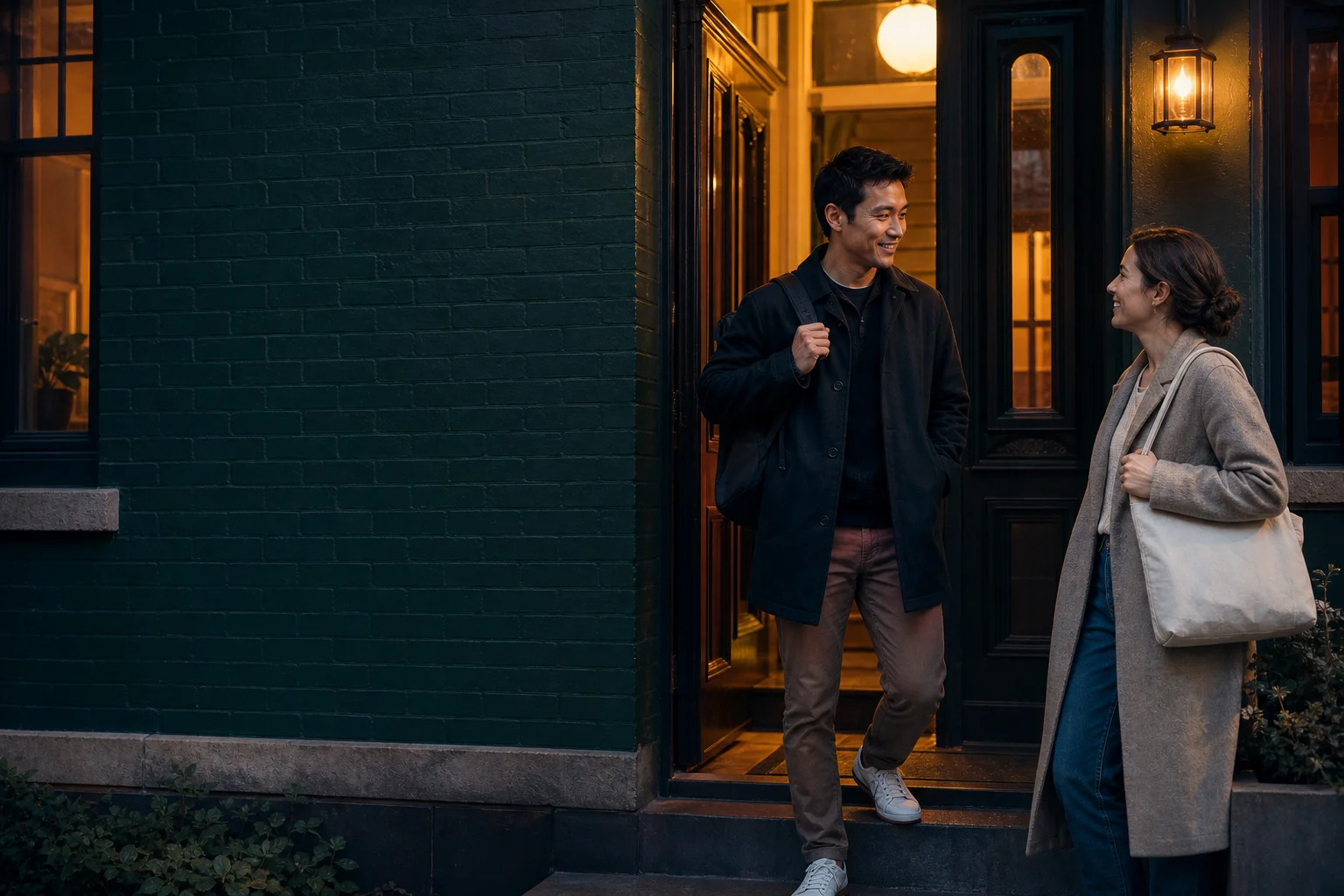 Two neighbors meet at a shared apartment entrance during blue hour
