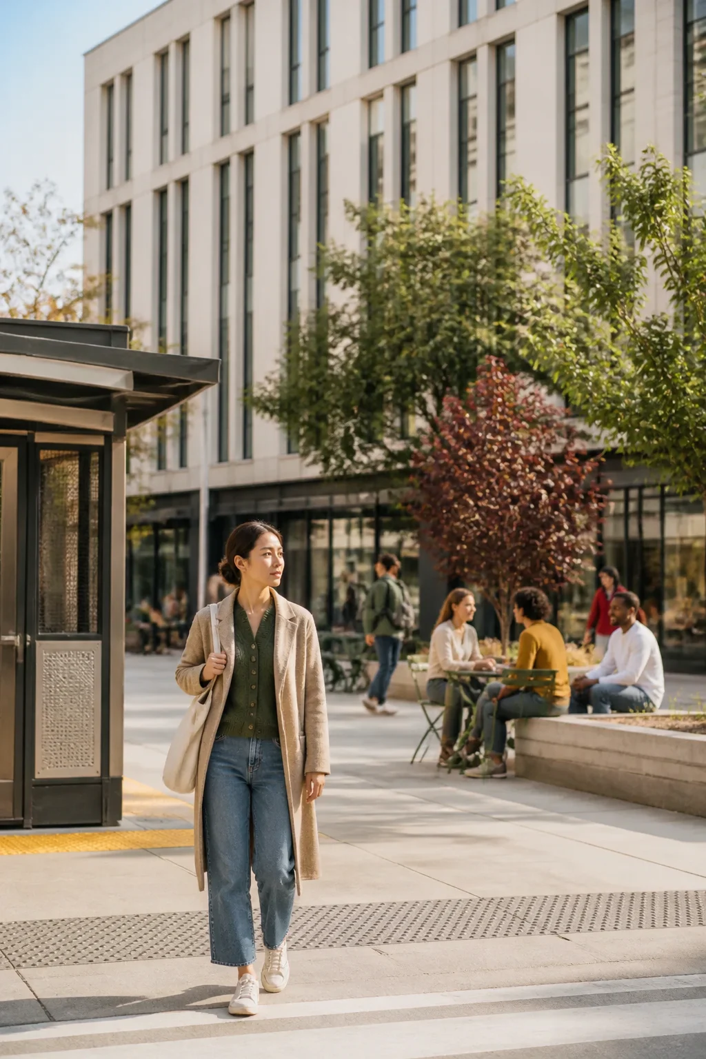 A newcomer arrives at a campus entrance and notices the nearby people and conversations already there