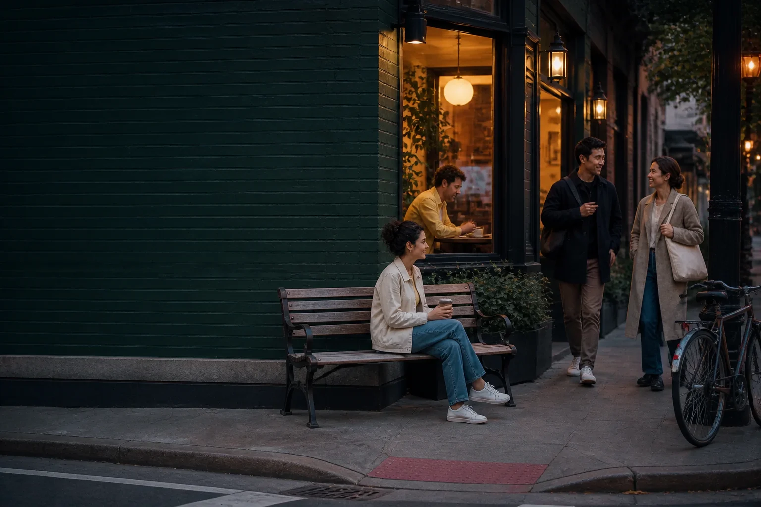 A neighborhood cafe corner holds several ordinary moments at blue hour