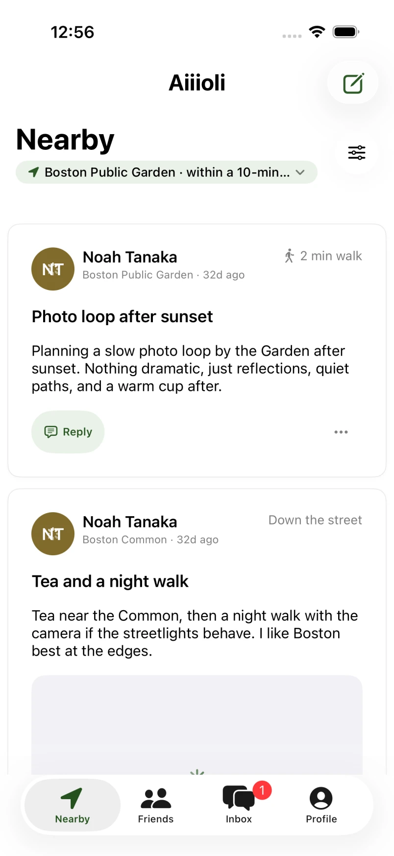 An Aiiioli iPhone demo feed showing test posts tied to Boston Public Garden and nearby walking distance