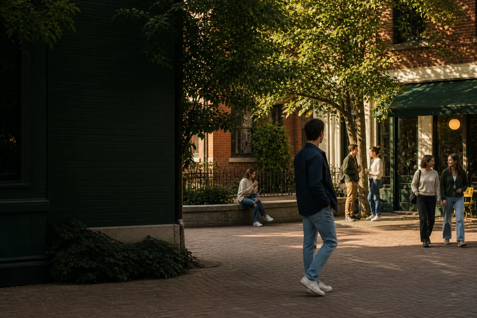 A person enters a lively neighborhood courtyard where nearby conversations and everyday plans are already unfolding