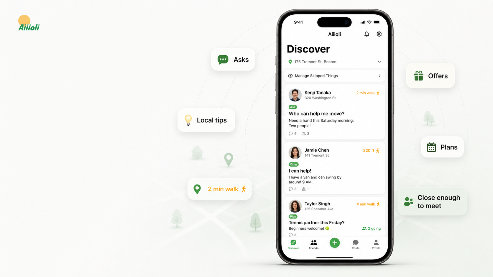 Aiiioli final download visual with Discover feed and nearby exchange signals