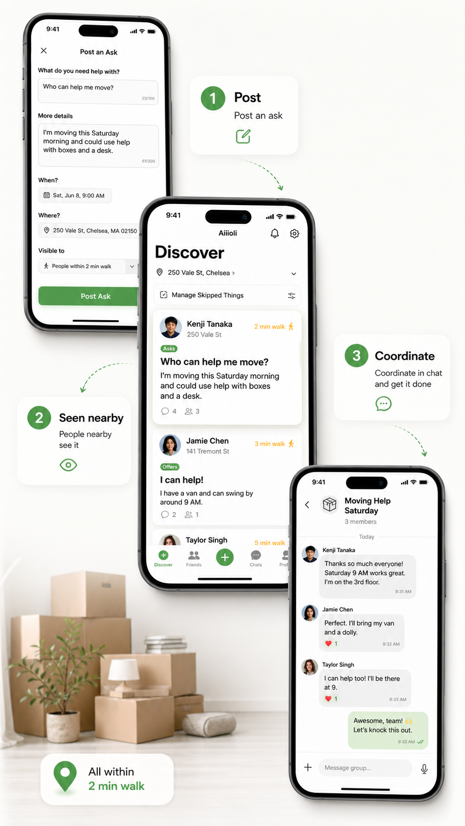 Aiiioli interaction flow from posting an ask to being seen nearby and coordinating in chat