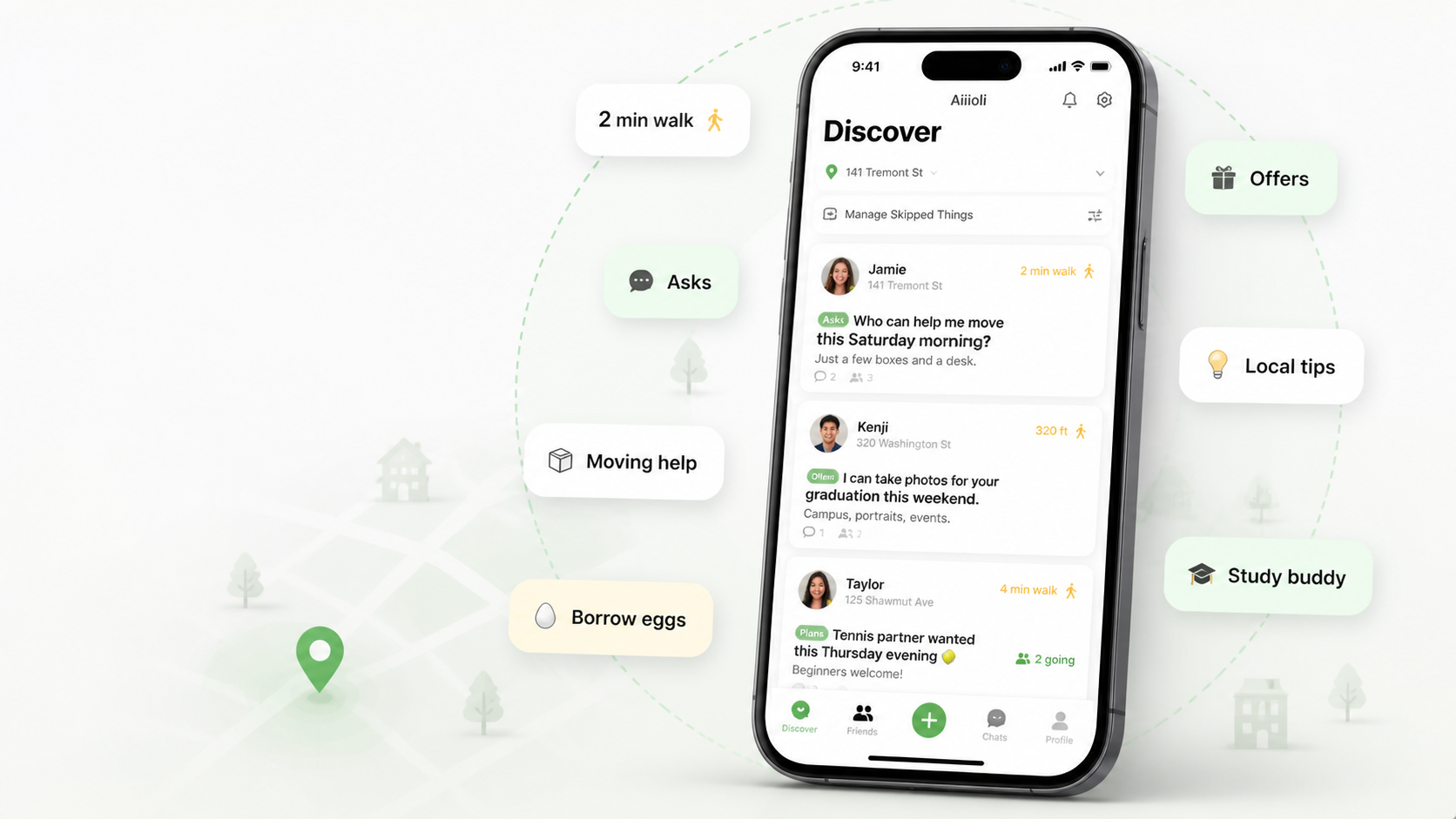 Aiiioli Discover feed showing nearby asks, offers, tips, and walking-distance signals