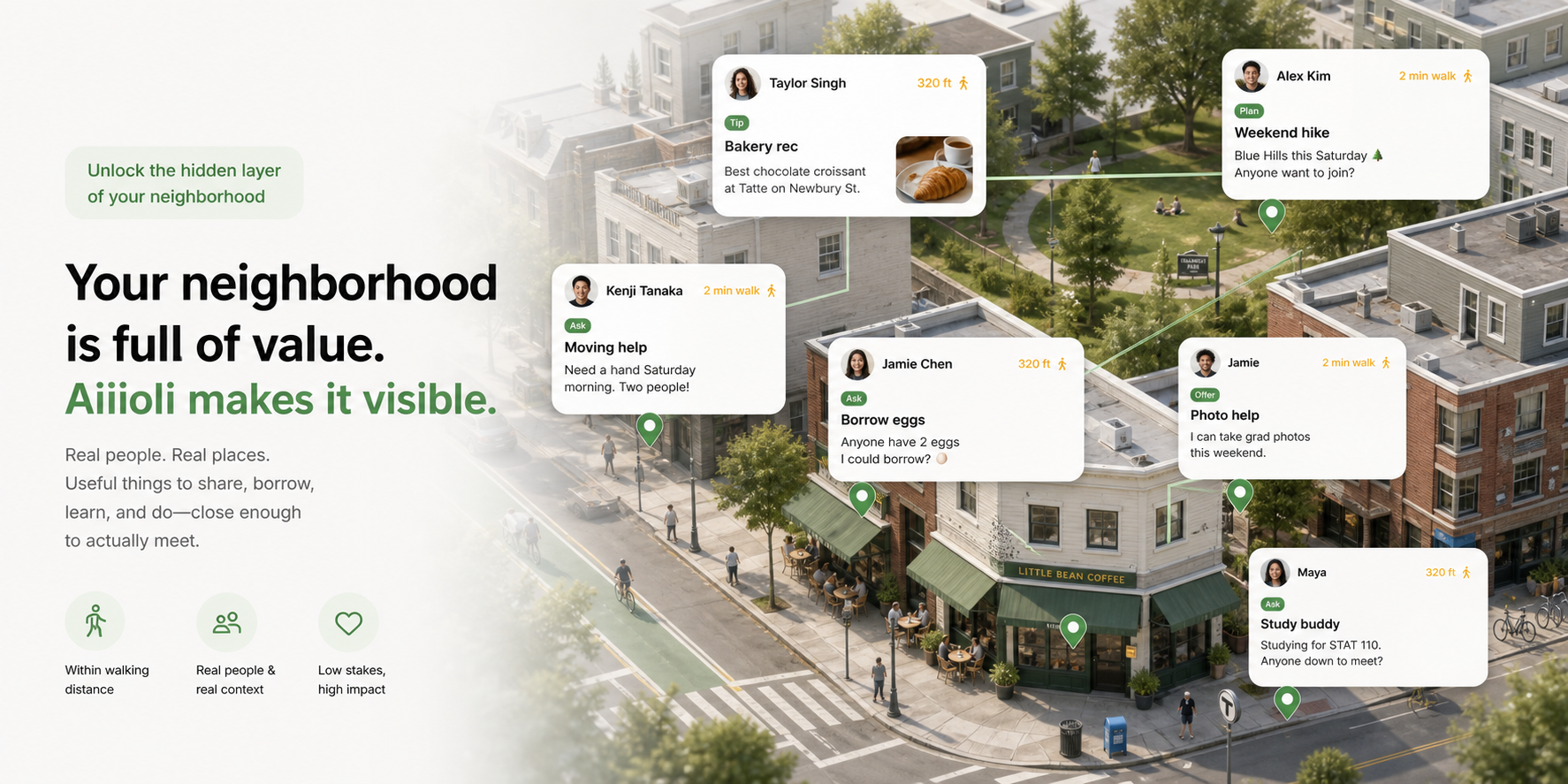 Neighborhood scene with Aiiioli signals for moving help, quiet cafes, study buddies, and local plans